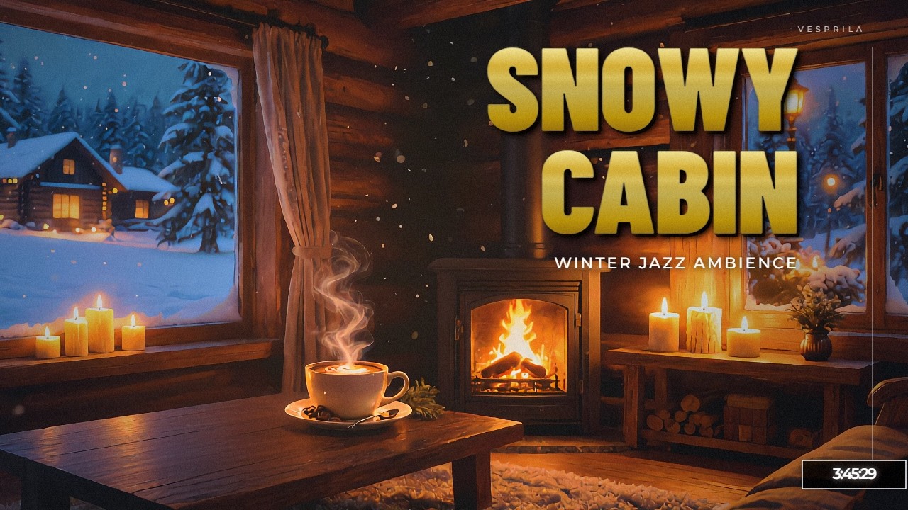 ❄️ Cozy Cabin Fireplace Jazz | 4 Hour Snowy Ambience | Vesprila