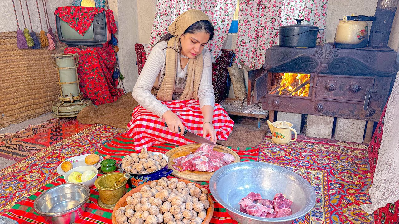 Cooking meat and beans in the village | rural lifestyle