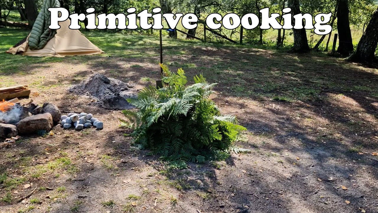 Primitive Cooking, Firepit, Cookingpit. Cooking lichen, dandelion, cattail, burdock, wild parsnip
