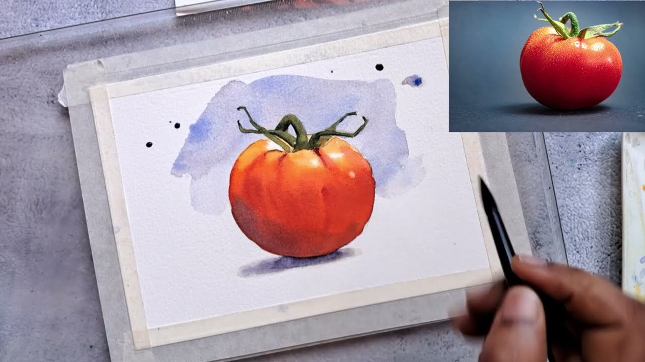 Натюрморт акварелью для начинающих. Как нарисовать и раскрасить помидор?