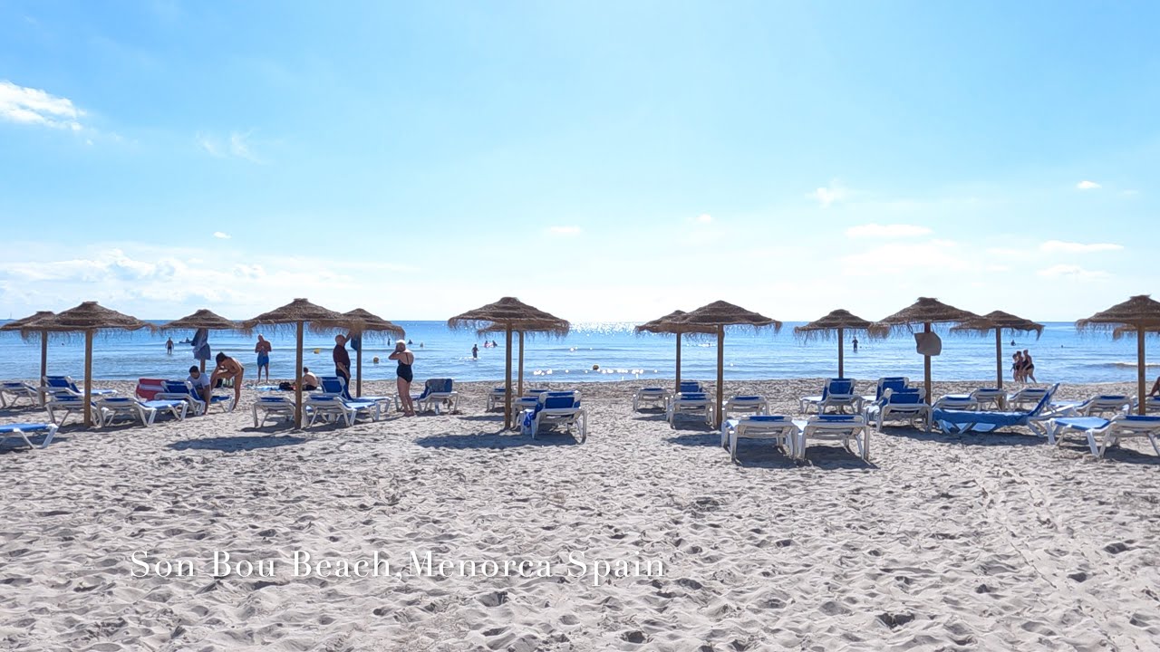 Son Bou Beach, Menorca Spain 4k beach walk tour.