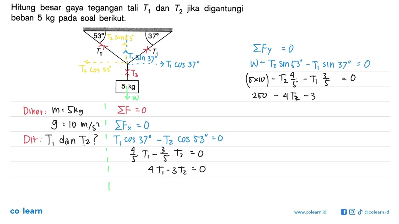 Hitung besar gaya tegangan tali T1 dan T2 jika digantungi beban 5 kg pada soal berikut...