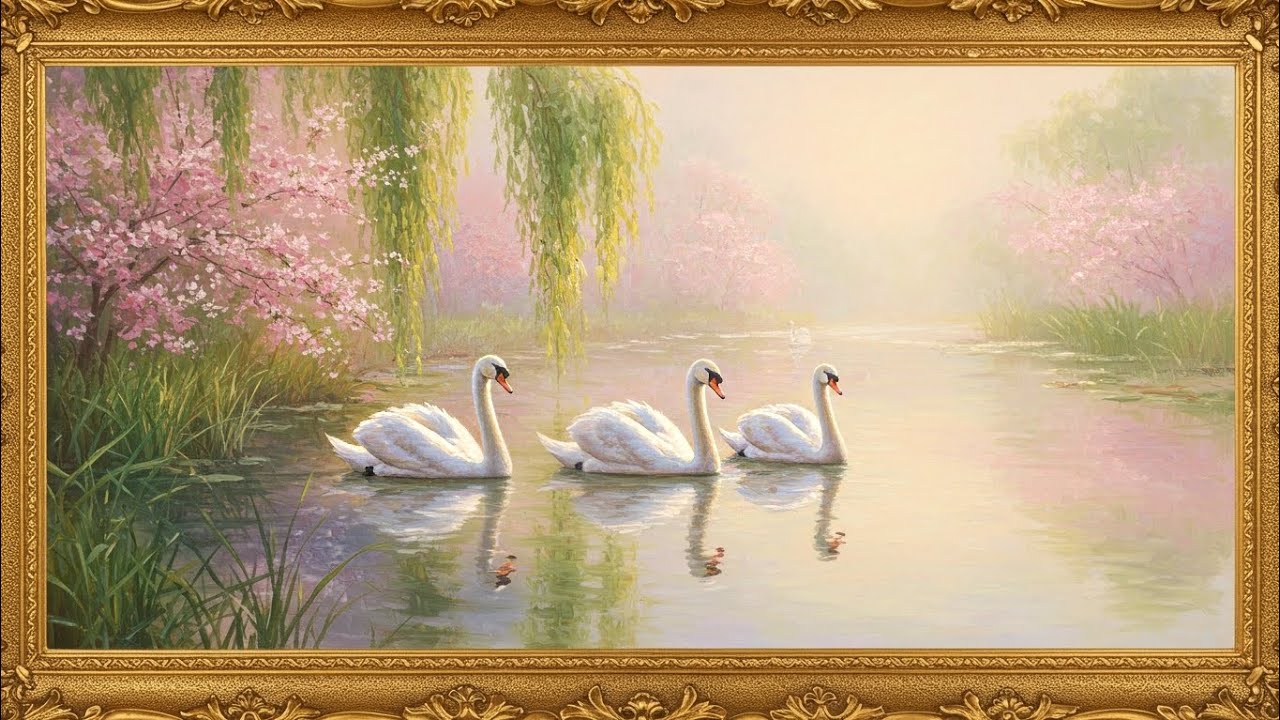 Swan Lake in Spring, Vintage Impressionist Oil Painting | Gold Framed Art Screensaver for TV