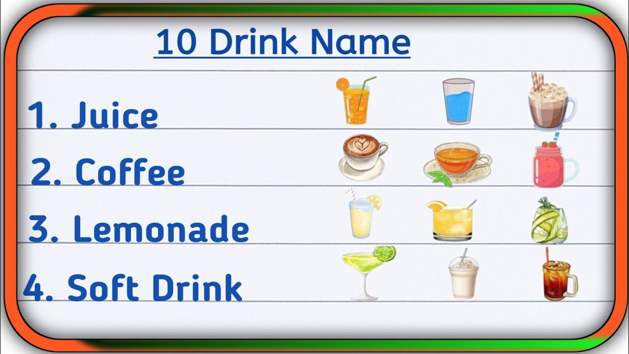 10 Drinks Name |10 Beverages Name | Drink name | 10 Names of Beverages in English 