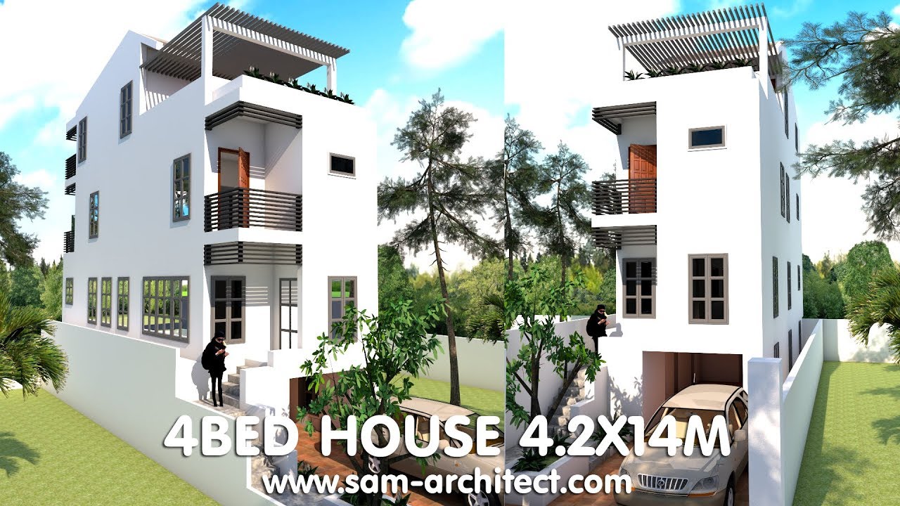 4 Stories Narrow House 4.2x14m With 4 Bedrooms Plan - Sketchup