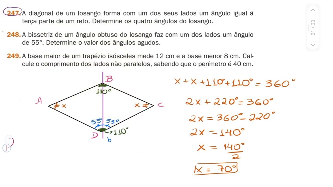 248-A bissetriz de um ângulo obtuso do losango faz com um dos lados um ângulode 55°. Determine