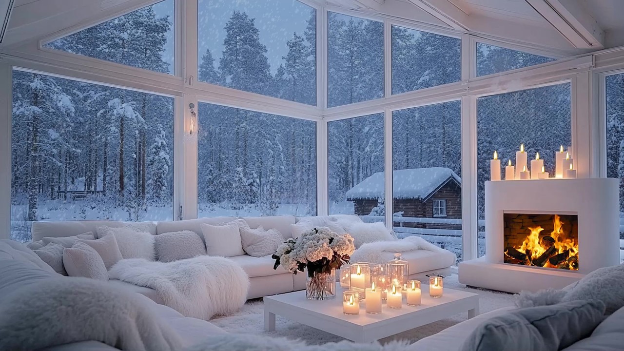 🌨️🎶 Snowy Panorama Piano Lounge Retreat | Warm Firelight & White Flowers | Calm Focus and Rest
