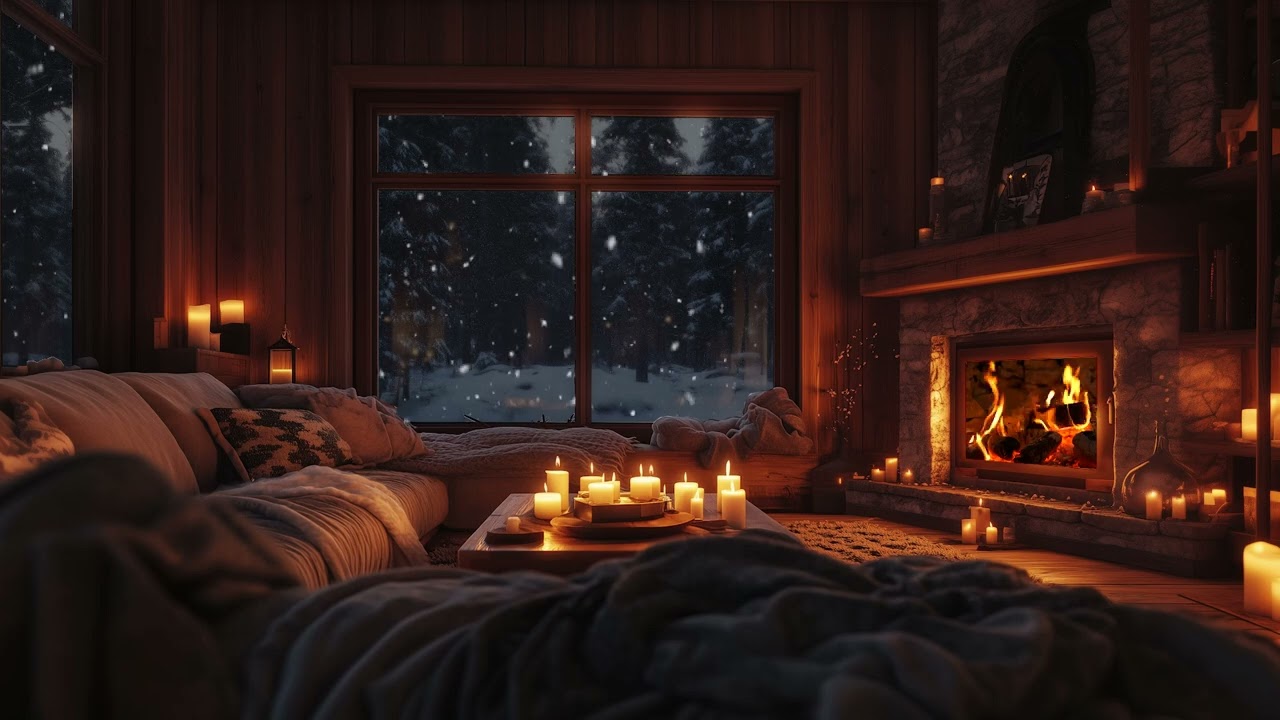 Warm Fireplace Room | Relaxing Piano & Holiday Ambience with Snow Falling for Sleep & Relaxation