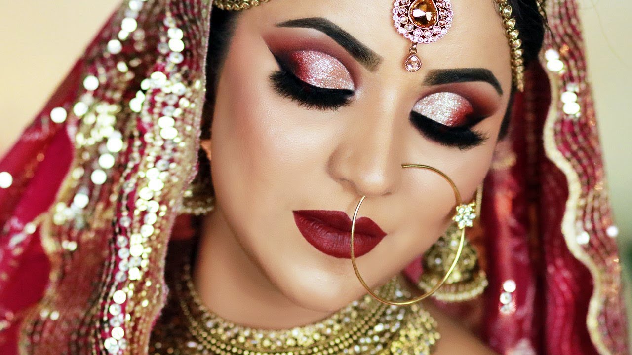 TRADITIONAL INDIAN BRIDAL MAKEUP ( HINDI) | Bronze Glitter Cut Crease And Dark Red Lipstick