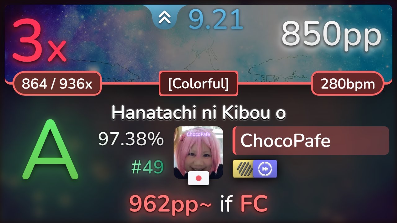 9.2⭐ ChocoPafe | Sound piercer ft. DAZBEE - Hanatachi ni Kibou o [Colorful] +HDDT 97.38% (850pp 3❌)