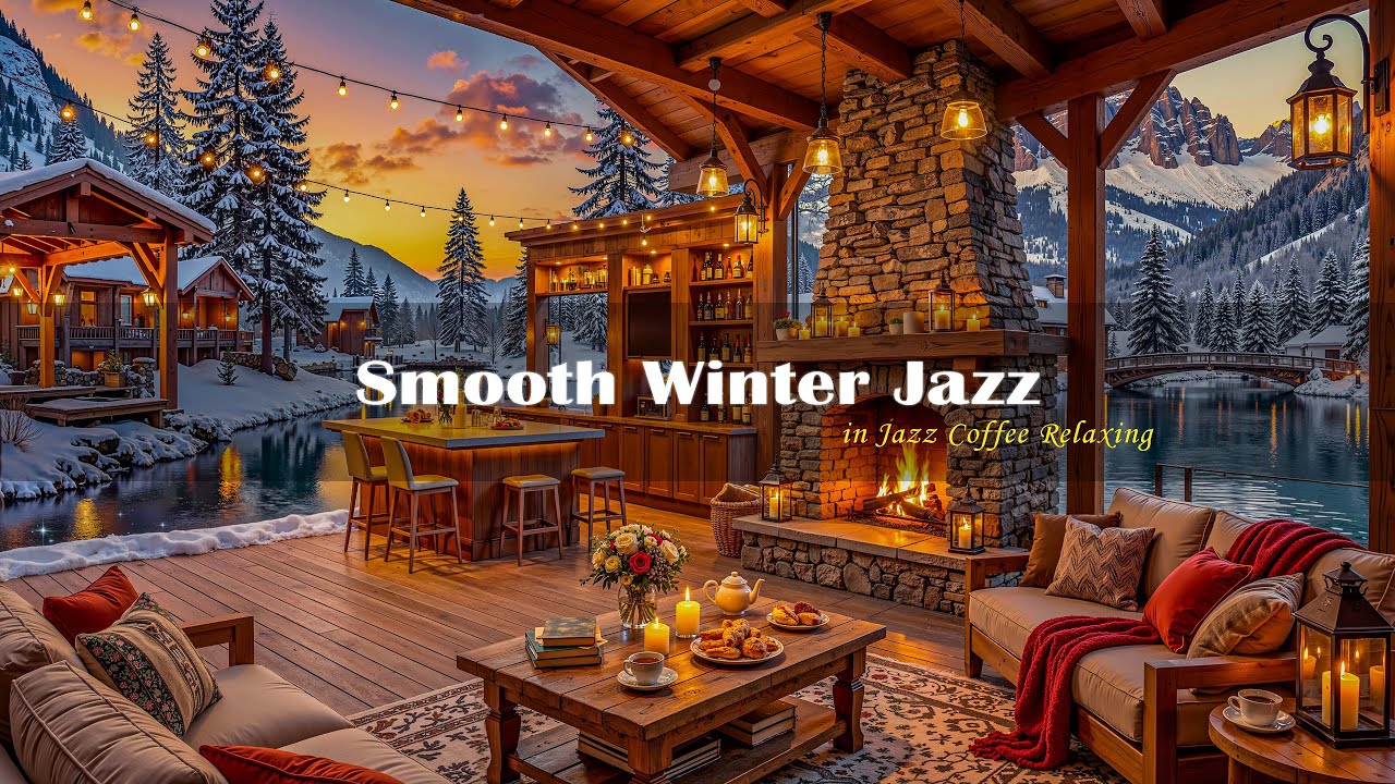 Winter Lakeside Coffee Shop Vibes ❄️ Smooth Jazz Music & Fireplace Sounds for Calm and Focus