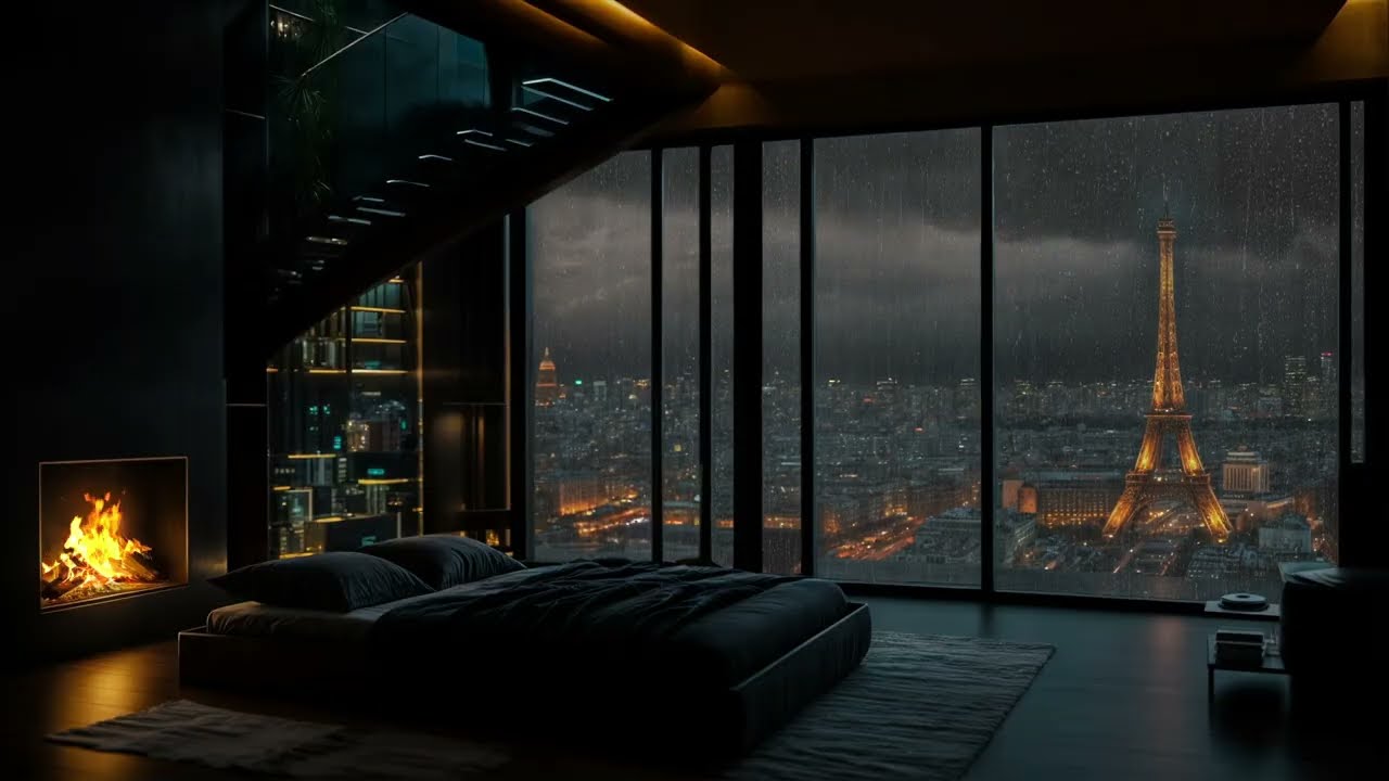 Rain & Thunder in Paris ┇ Cozy Bedroom View, City Lights & Deep Sleep Sounds