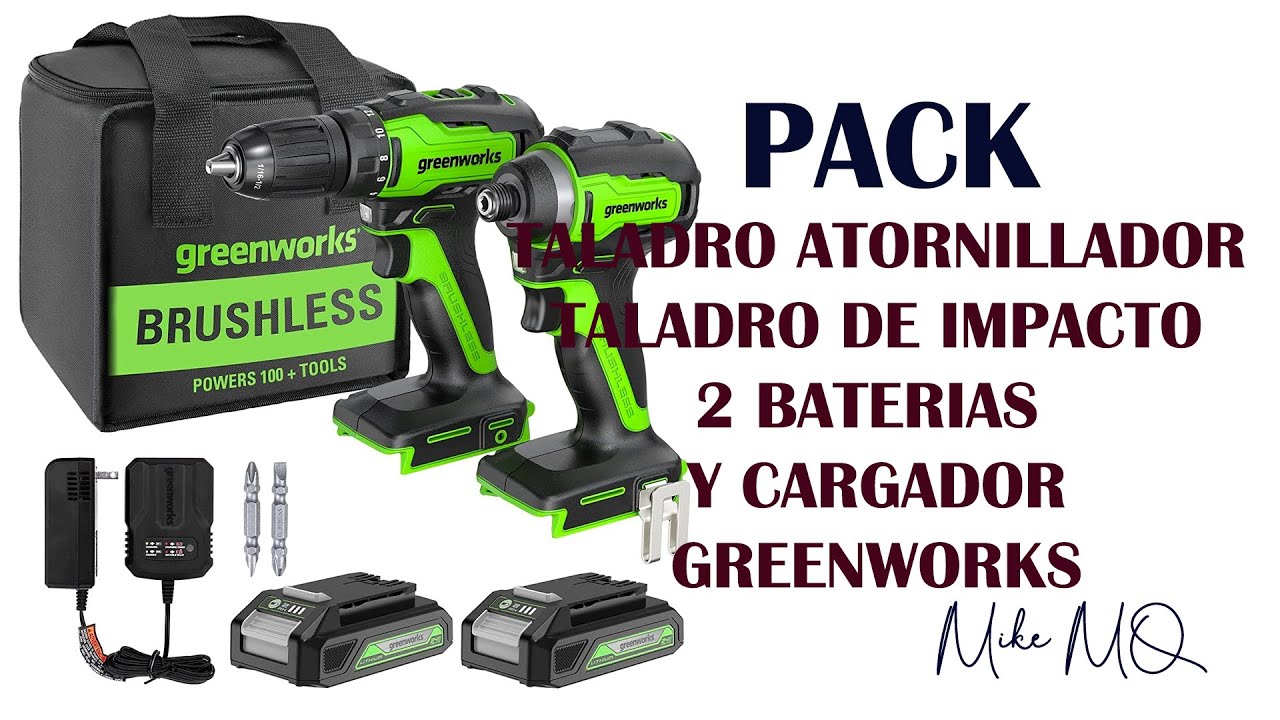 PACK TALADRO ATORNILLADOR Y TALADRO IMPACTO. Greenworks GD24DD35K2  y GD24ID200 CON 2 x 24V 2Ah.