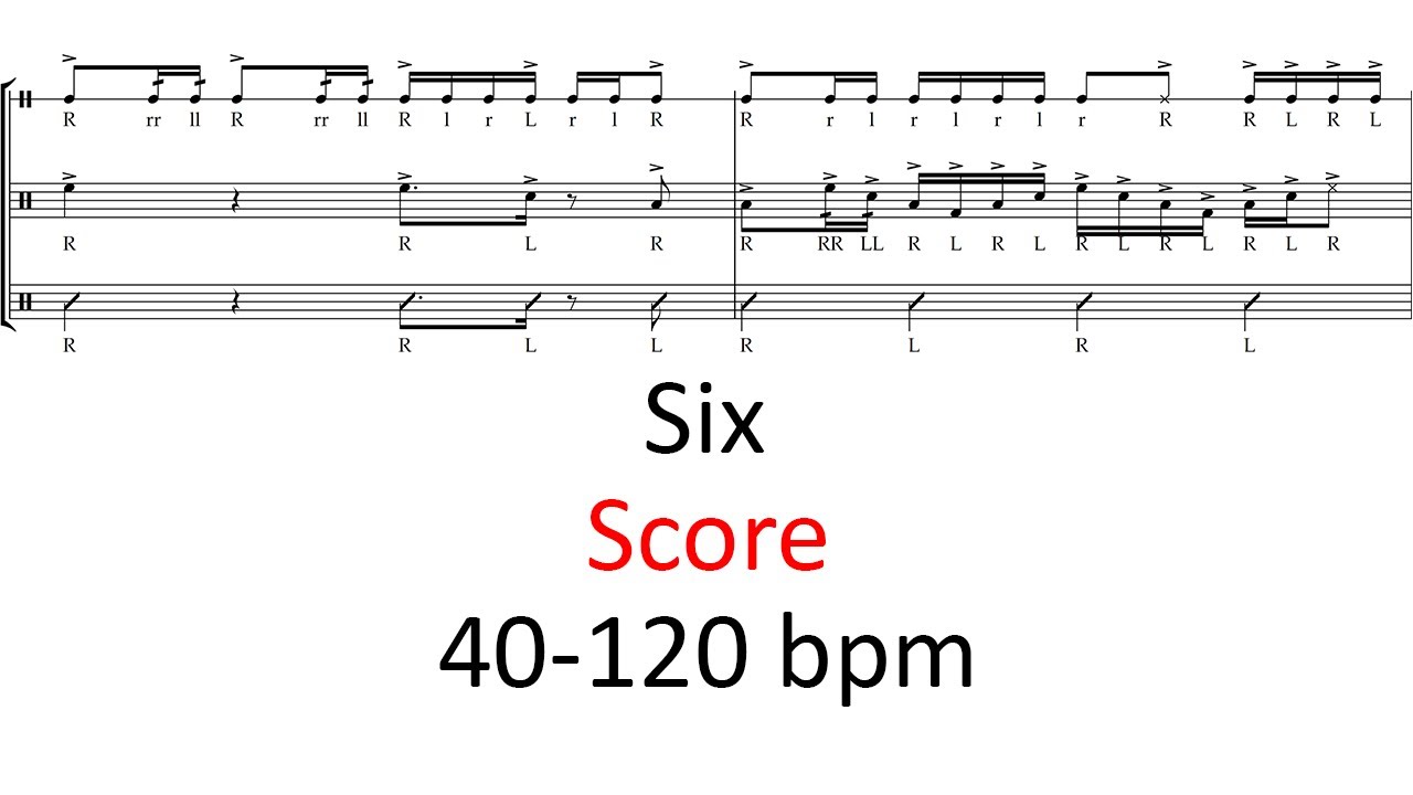 Six (score) - 40-120 bpm drumline cadence sheet music