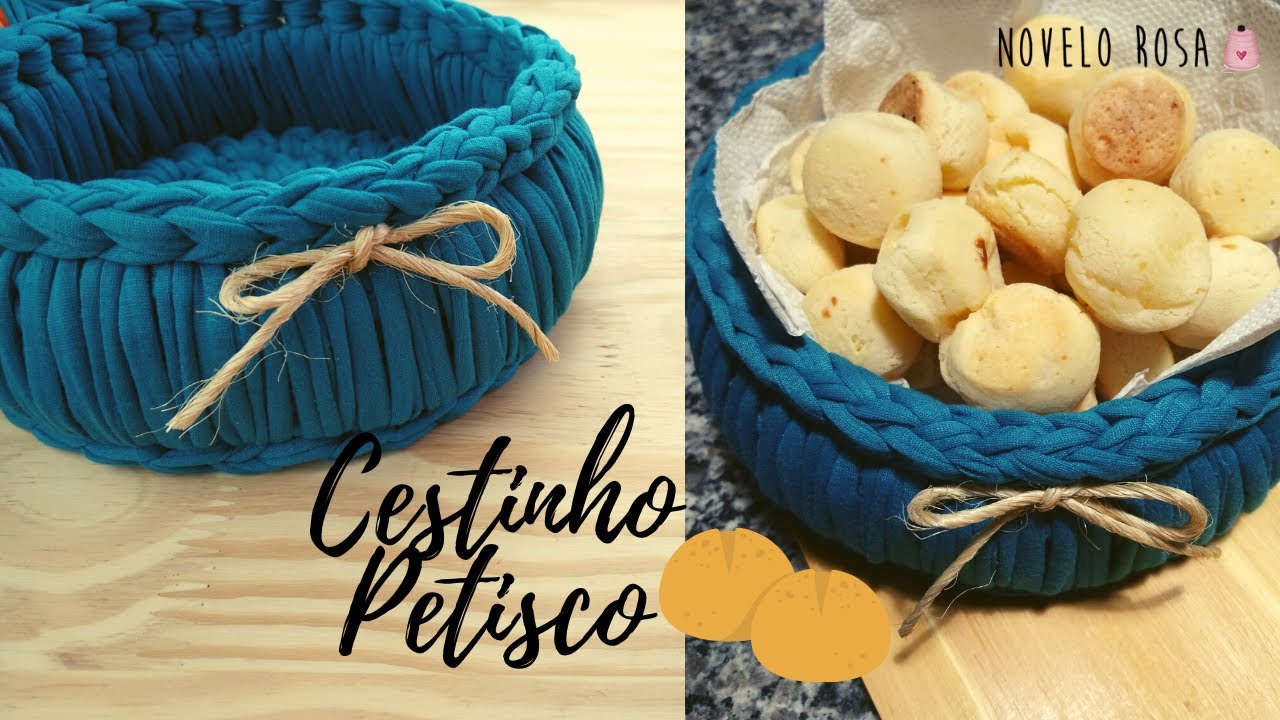 Cestinho Petisco em crochê com fio de malha - Sirva bem quem te faz feliz - (Novelo Rosa)