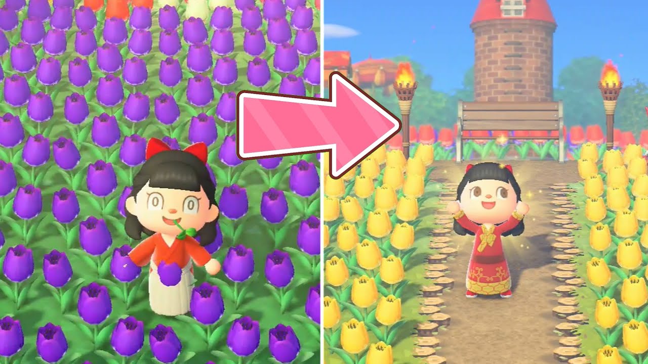 【春にぴったり】さく禁止縛り！チューリップとふうしゃを使った庭を作り【あつ森ゆっくり実況】