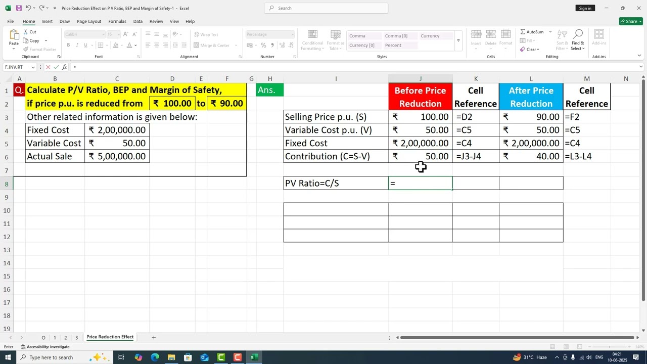 Price Reduction Effect on P V Ratio, BEP and Margin of Safety 1