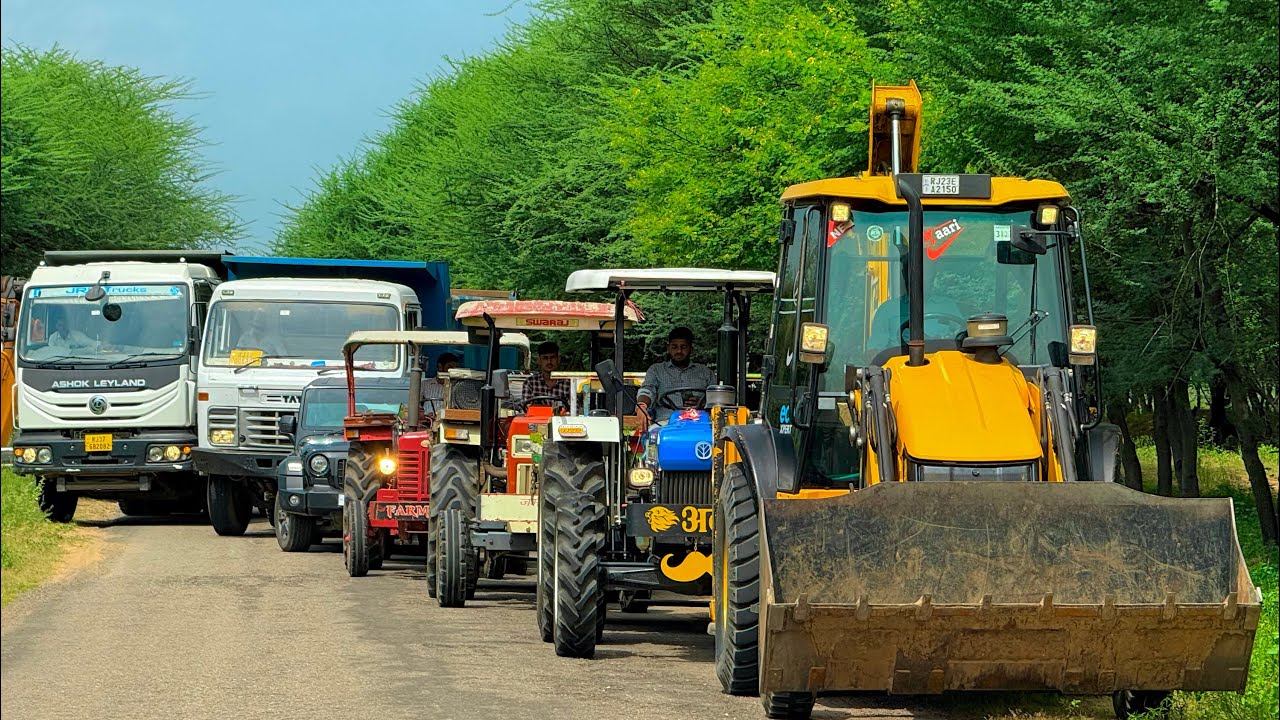 Jcb 3dx loading Mud in TATA Tippers Tractors Swaraj 855Fe New Holland 3630 Tractor 4x4jcb Thar Truck