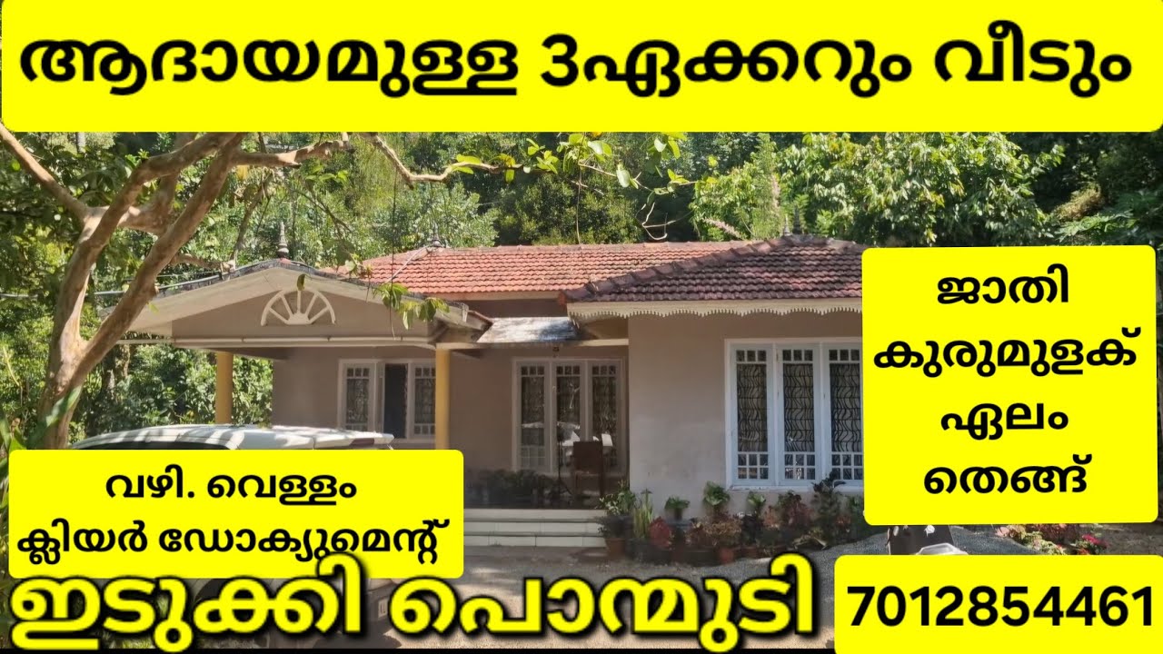 ആദായമുള്ള 3ഏക്കറും വീടും.വഴി വെള്ളം ക്ലിയർ ഡോക്യുമെന്റ്.ജാതി കുരുമുളക് ഏലം തെങ്ങ്. ഇടുക്കി പൊന്മുടി