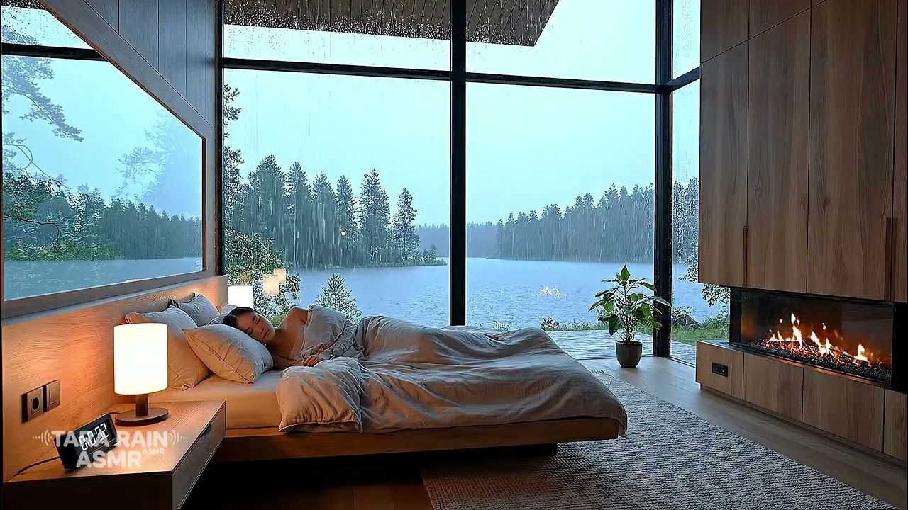 Cozy Bedroom Rain Sounds by the Lake 🌧️ Fireplace Ambience for Deep Sleep & Relaxation