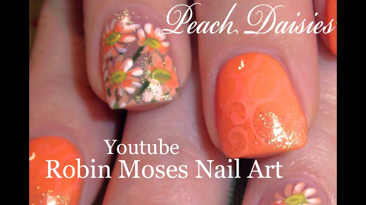 White Daisy Nails | Peach Coral Daisies Nail Art Design Tutorial