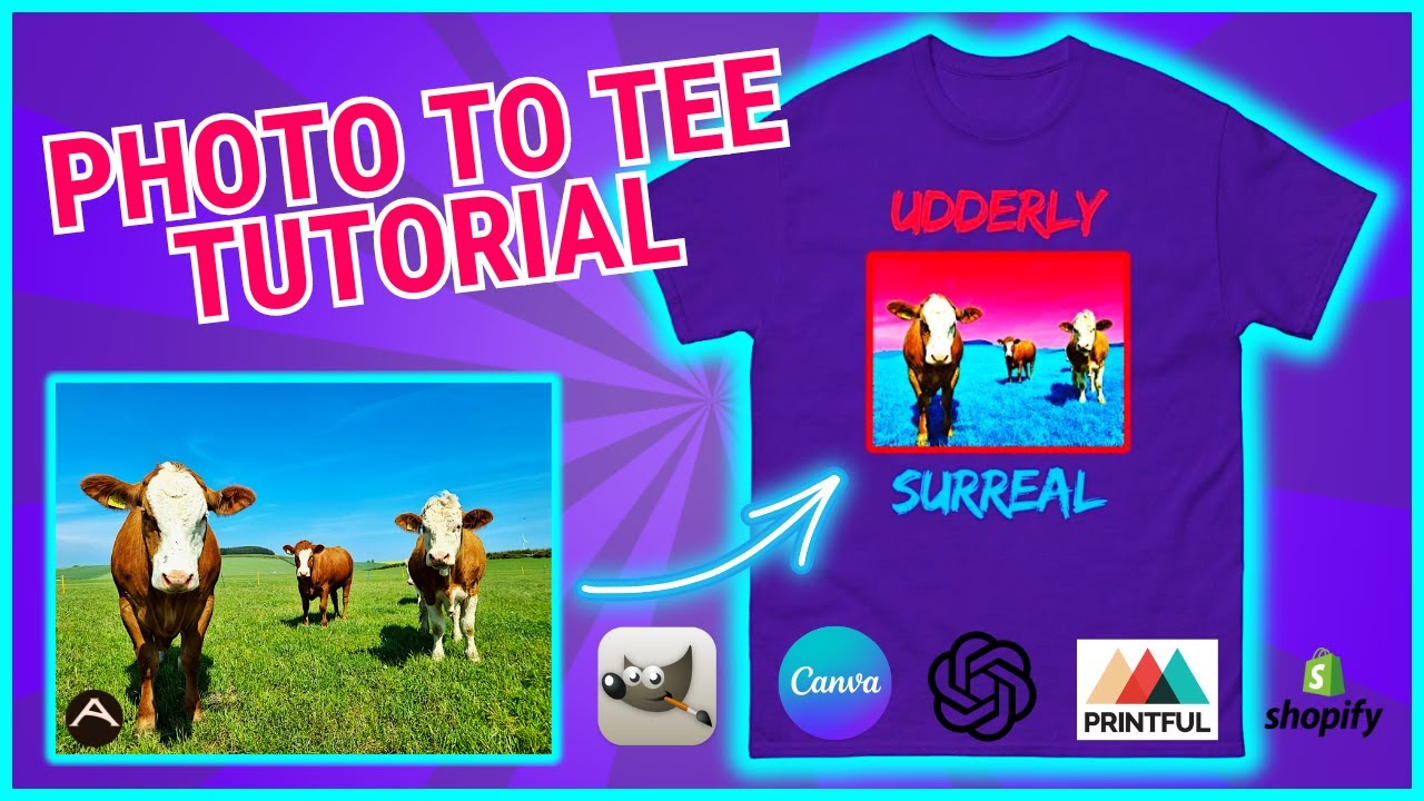 How to Tutorial Photo to Tee, Gimp, Canva, Chat GPT, Printful & Shopify, with Cow pics from Scotland