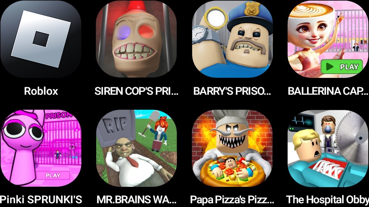 Roblox,SIREN COP'S PRISON!,BARRY'S PRISON,BALLERINA CAPPUCCINA,Pinki SPLANKI'S,MR BRAINS WATERPARK!