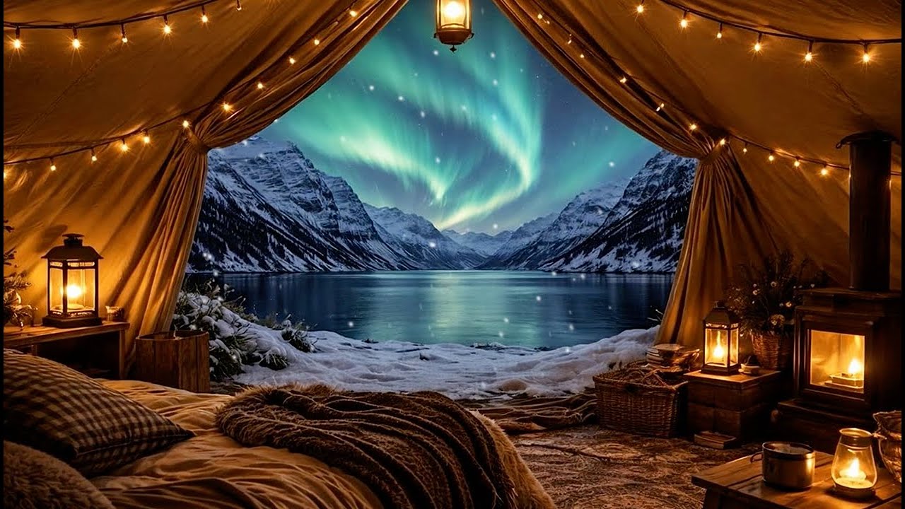 Quiet Snowfall from a Tent at Night in the Nordics for Sleep | Faint Aurora | 8 Hours