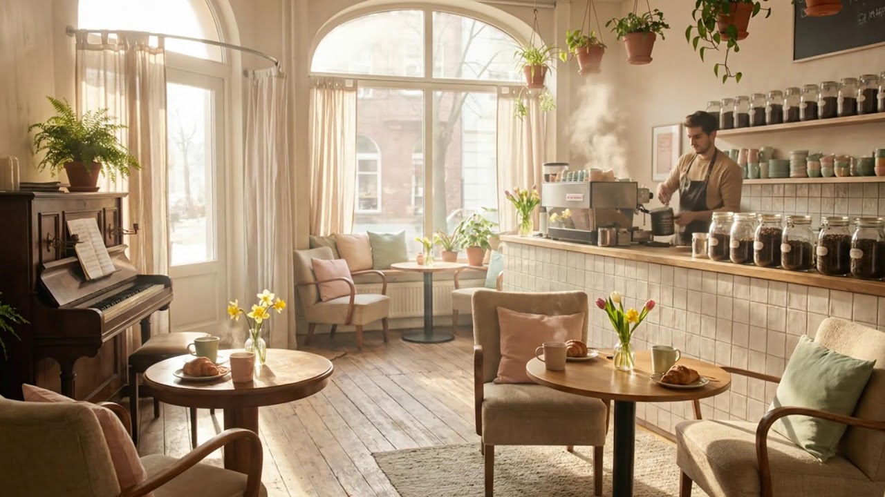 ジャズと共に流れる穏やかなカフェ 🌿☕ 朝の快適さ