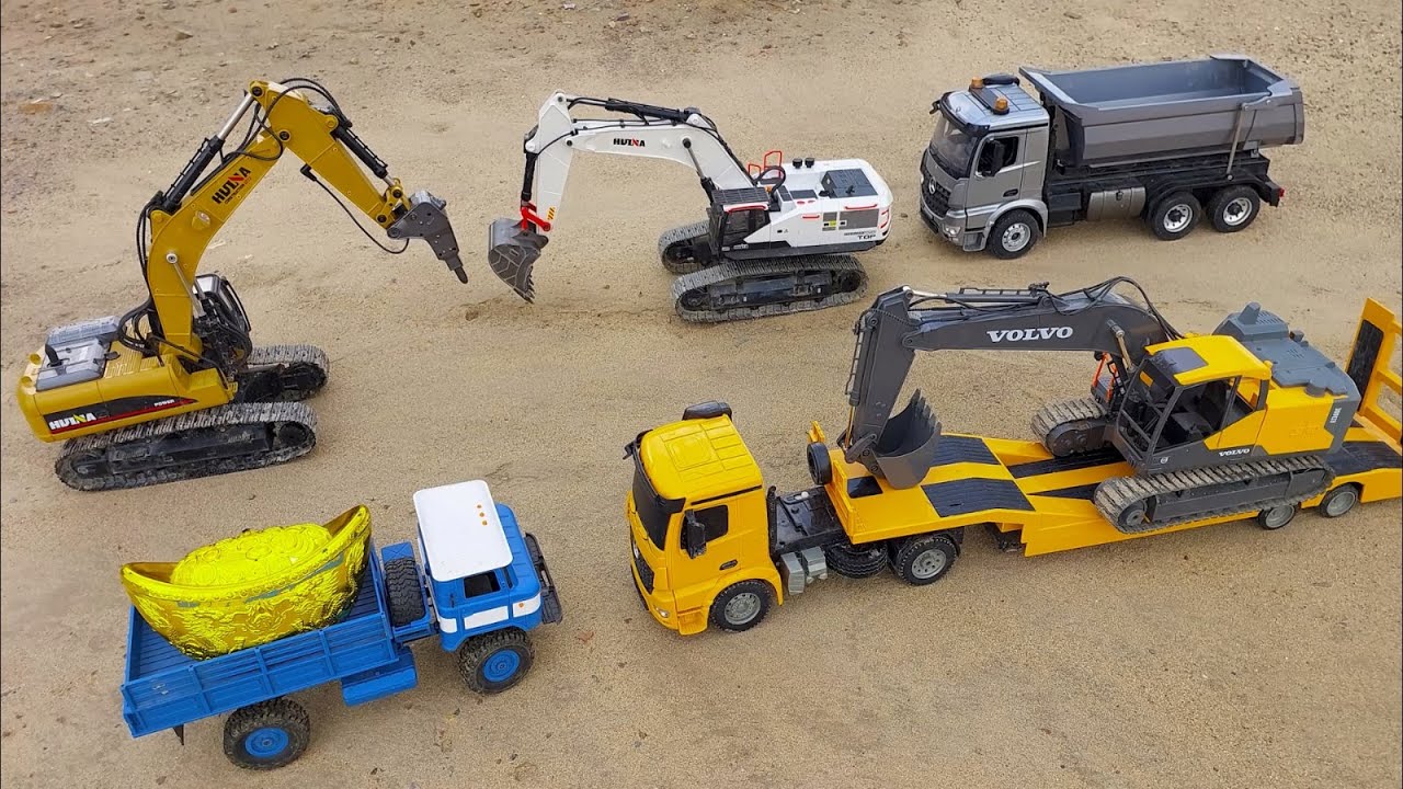 Xe Cẩu Múc Cát đào vàng cùng Xe Container chở Máy Xúc Đất, Xe Cuốc, Ô Tô Xe Tải Điều Khiển Từ Xa