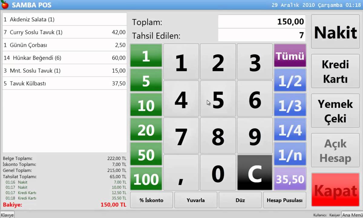 SambaPOS Ödeme Ekranı Kullanım Özellikleri