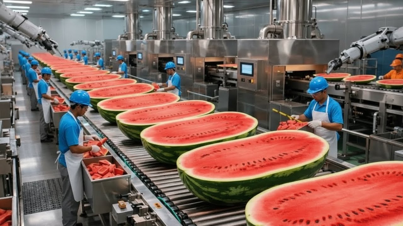 Inside a Modern US Watermelon Processing Plant: From Whole Melons to Sweet Juice (Full Process)