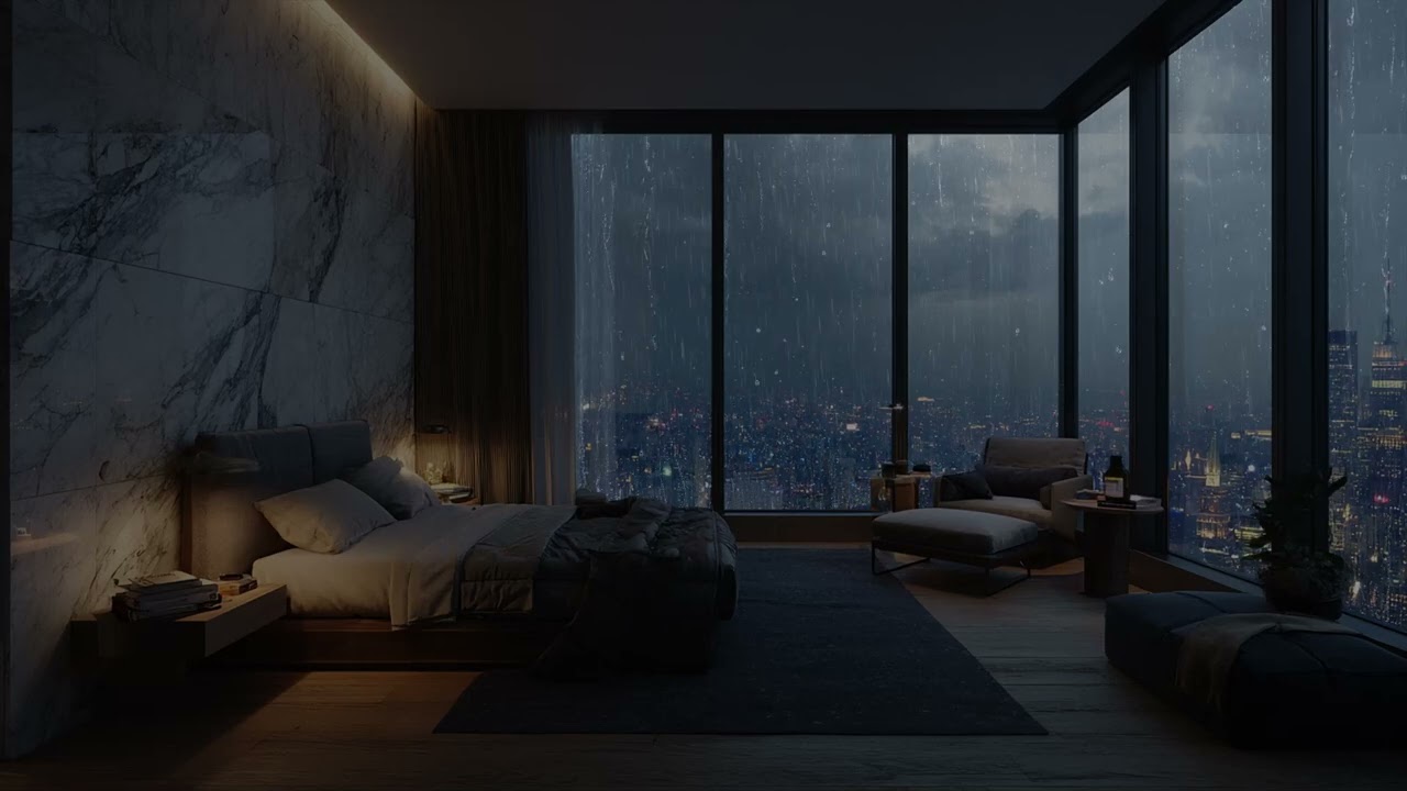 Soft Urban Rain Falling Beneath A Modern High Rise Bedroom Above Neon Streets