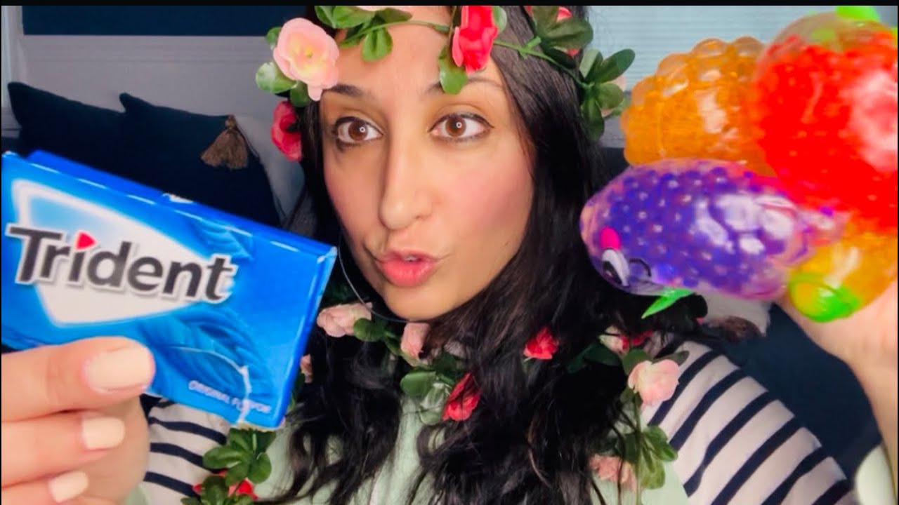 ASMR Reverse Bubble Blowing and Gum Snapping/ Squeezing Squishies Sounds/ Tropical Theme Triggers