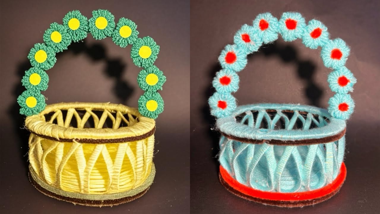 DIY Wool Flower Basket  | Easy Cardboard & Yarn Craft Idea 🌼 