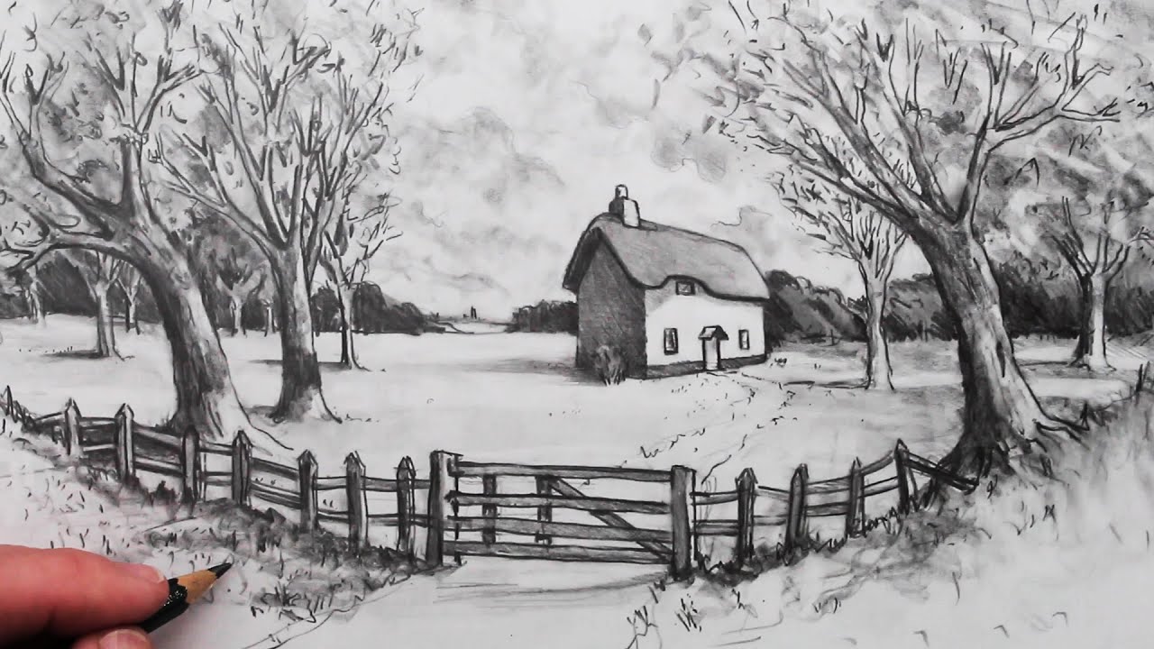 How to Draw a House in a Landscape using Two Point Perspective