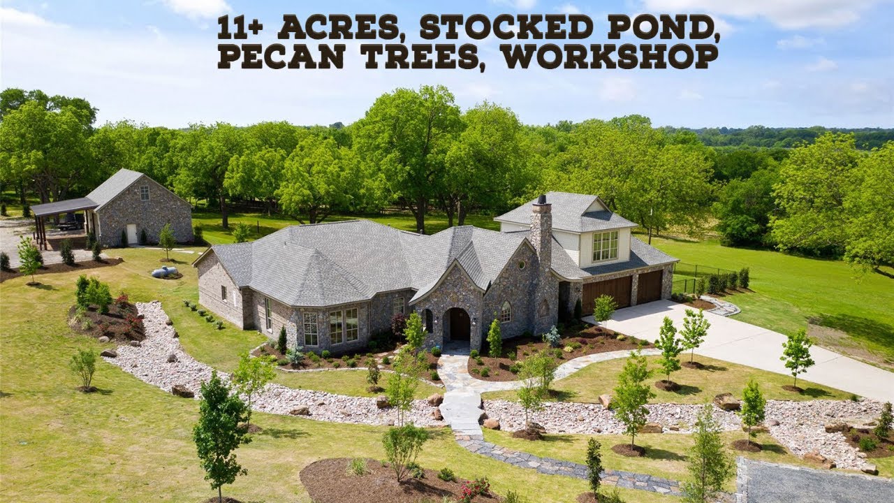 11+ Acres, Separate Workshop, Stocked Pond, 20+ Pecan Trees, 4640 SF Home NE of Dallas for Sale