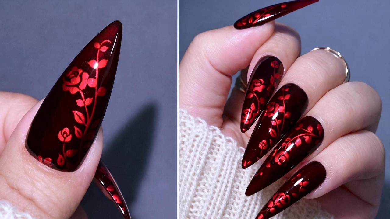 Dark Red Rose Nail Art That Looks So Elegant and Satisfying | Beautiful Easy Nail Art Designs