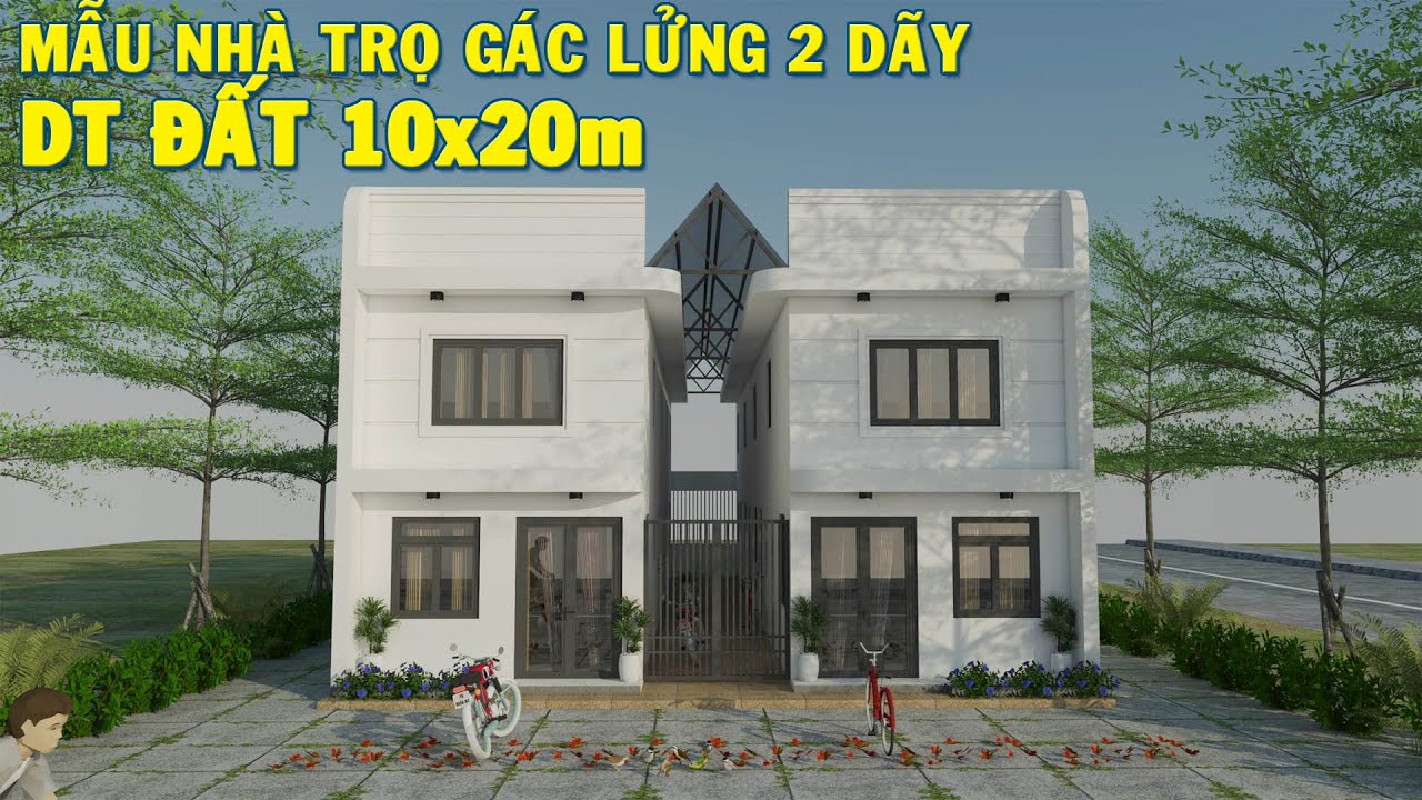 Mẫu nhà trọ gác lửng 2 dãy phòng xây dựng trên diện tích đất 10x20m số lượng 8 phòng kinh doanh