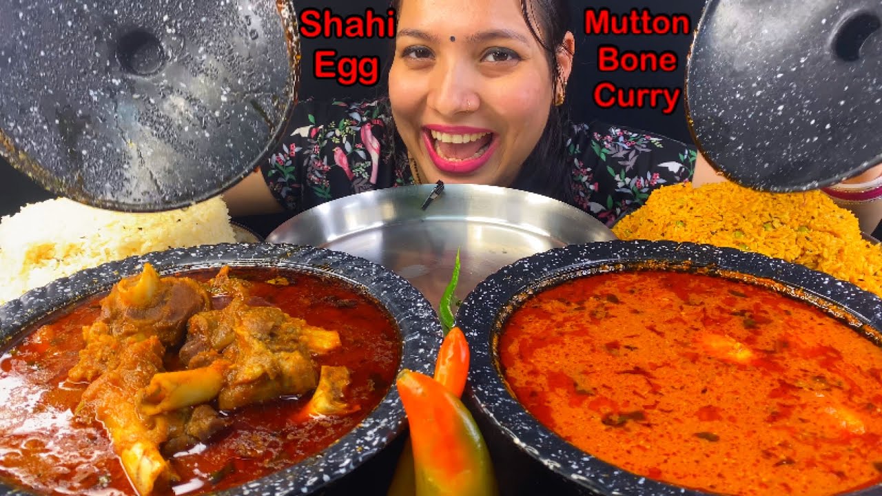 Eating Spicy🔥 Mutton Bone Curry, Shahi Egg Curry, Matar Pulao, Jeera Rice, Chilli | Eating Show