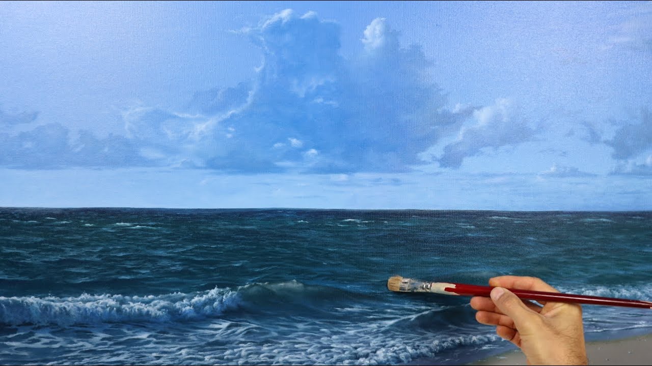 How to paint water and clouds - beachwaves and cloud painting tutorial