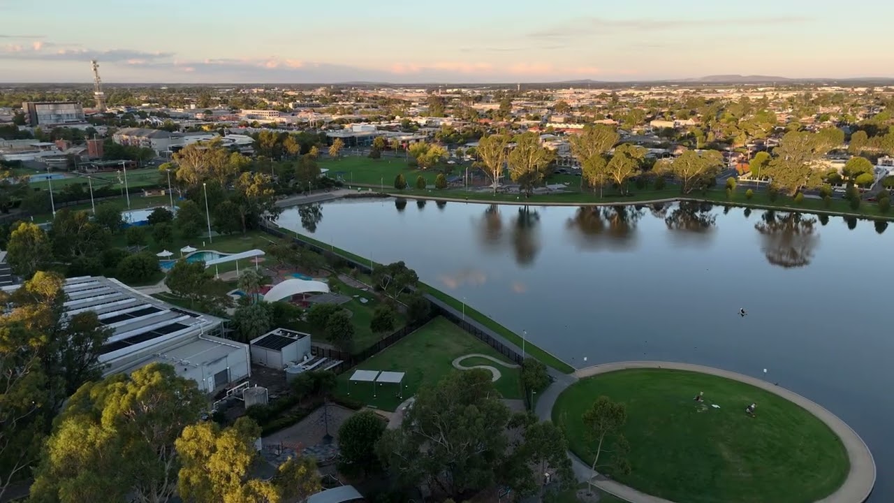 Victoria Park Lake and Aquamoves in Shepparton, Victoria, Australia - Aerial drone footage - HDR