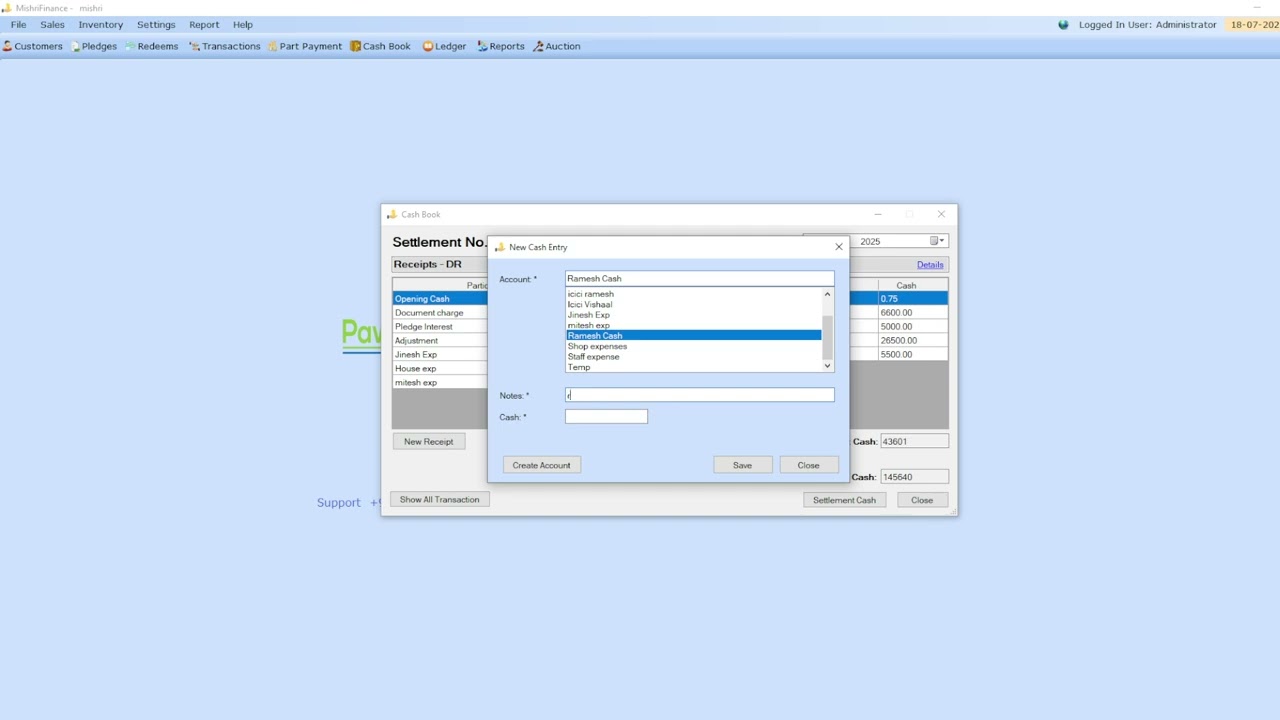 Cash book to track cash In and out. Pawn broking software