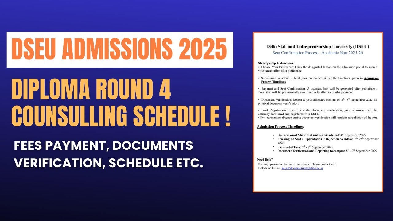 DSEU Diploma Admissions 2025-26 | Round 4 Seat Confirmation, Fees & Document Verification