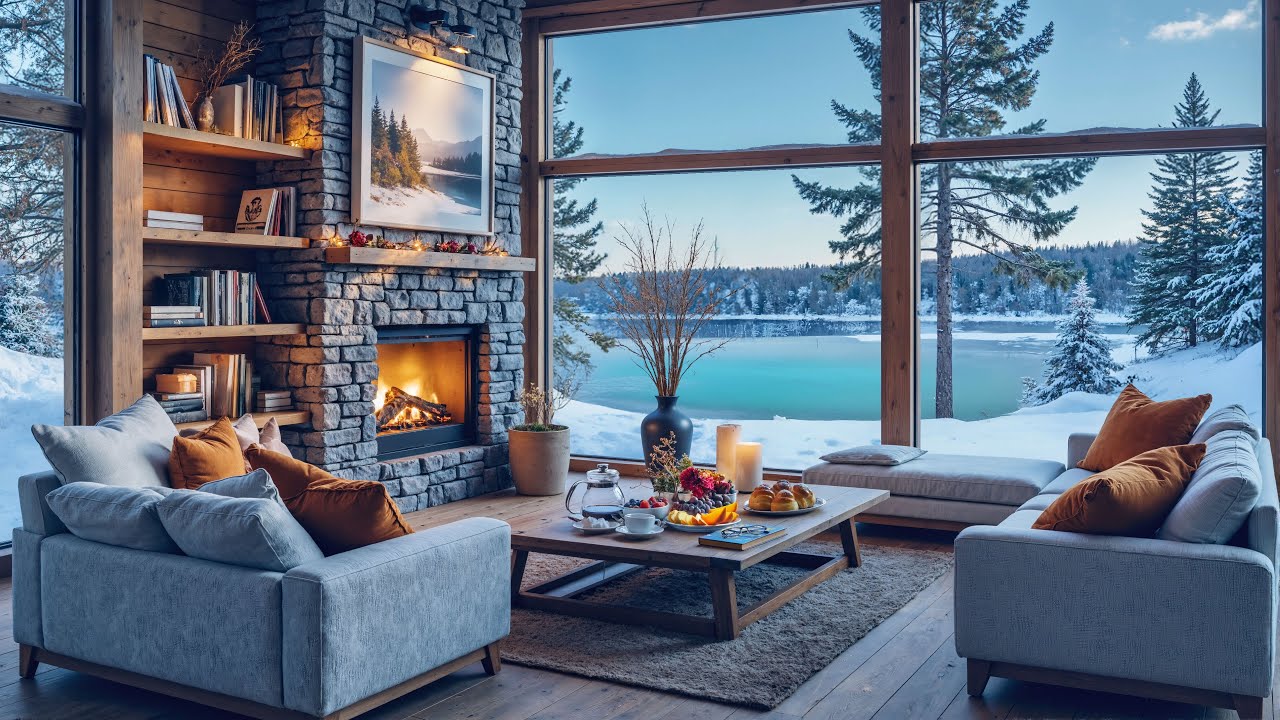 ✨ Cozy Lakeside Winter Cabin | Fireplace Glow & Calm Jazz for Reading, Focus and Slow Living