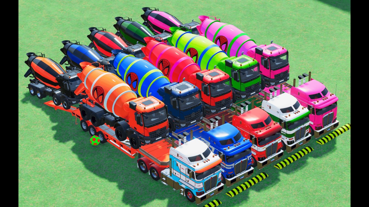Garage with Colors ALL MIXER TRUCK WITH DOUBLE FLATBED TRAILER TRUCK, MERCEDES, FREIGHTLINER, IVECO