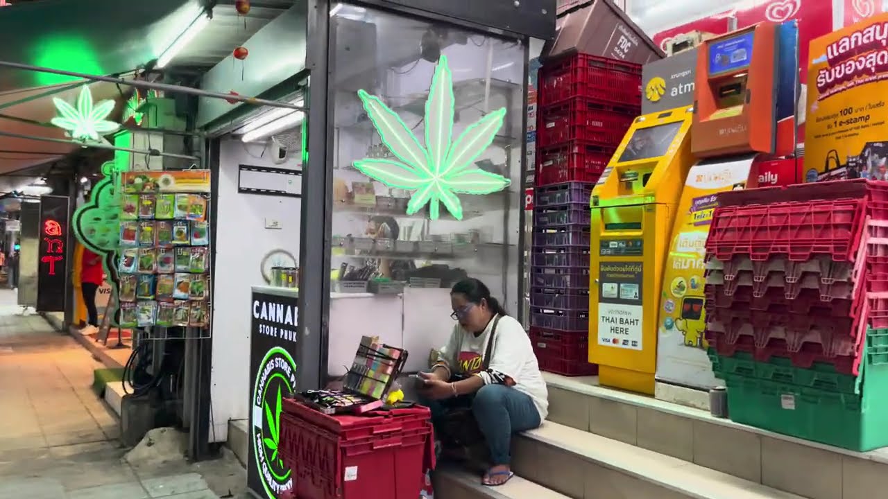Patong Beach, Phuket, Thailand. Marijuana shops everywhere. Night walking street along coast line.