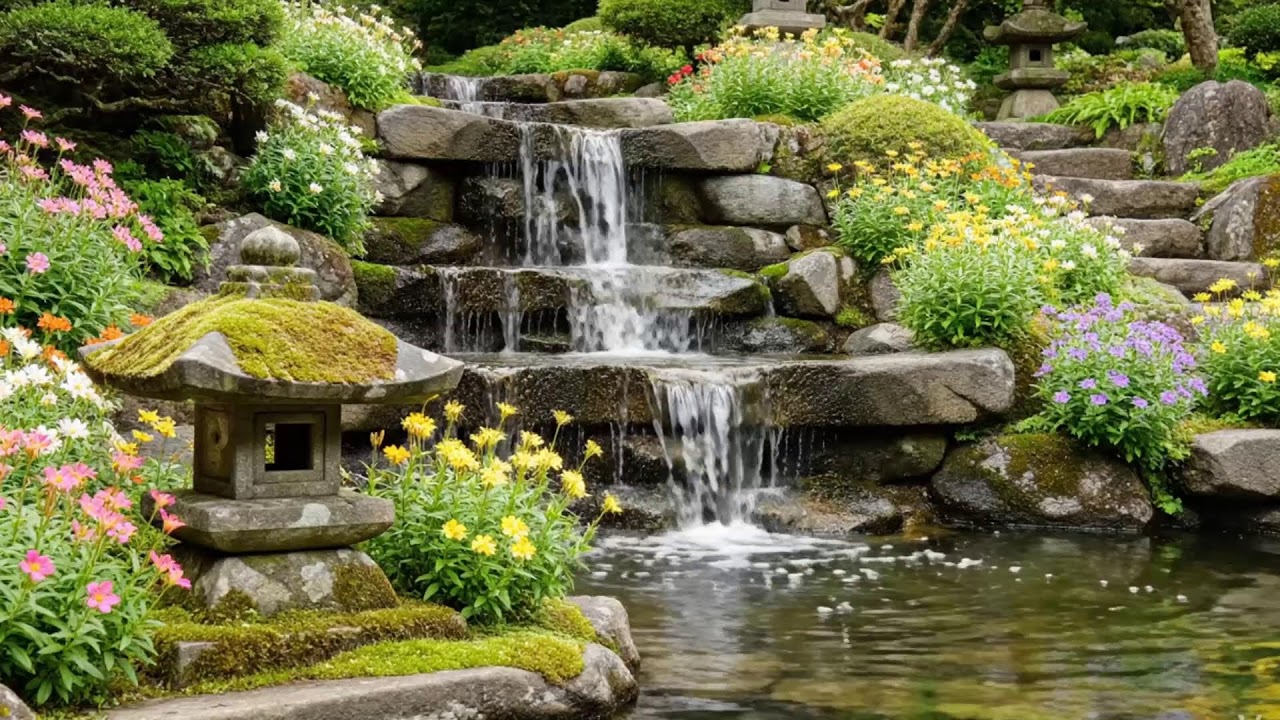 Healing Garden Waterfall Sounds with Soft Piano Music for Deep Sleep, Relaxation, and Stress Relief
