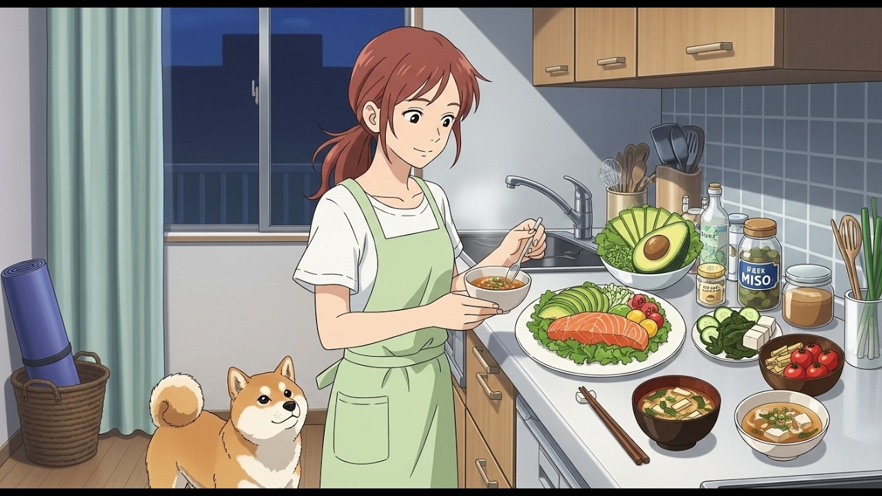 cozy night routine in a small japanese apartment - asmr cooking sounds with shiba inu