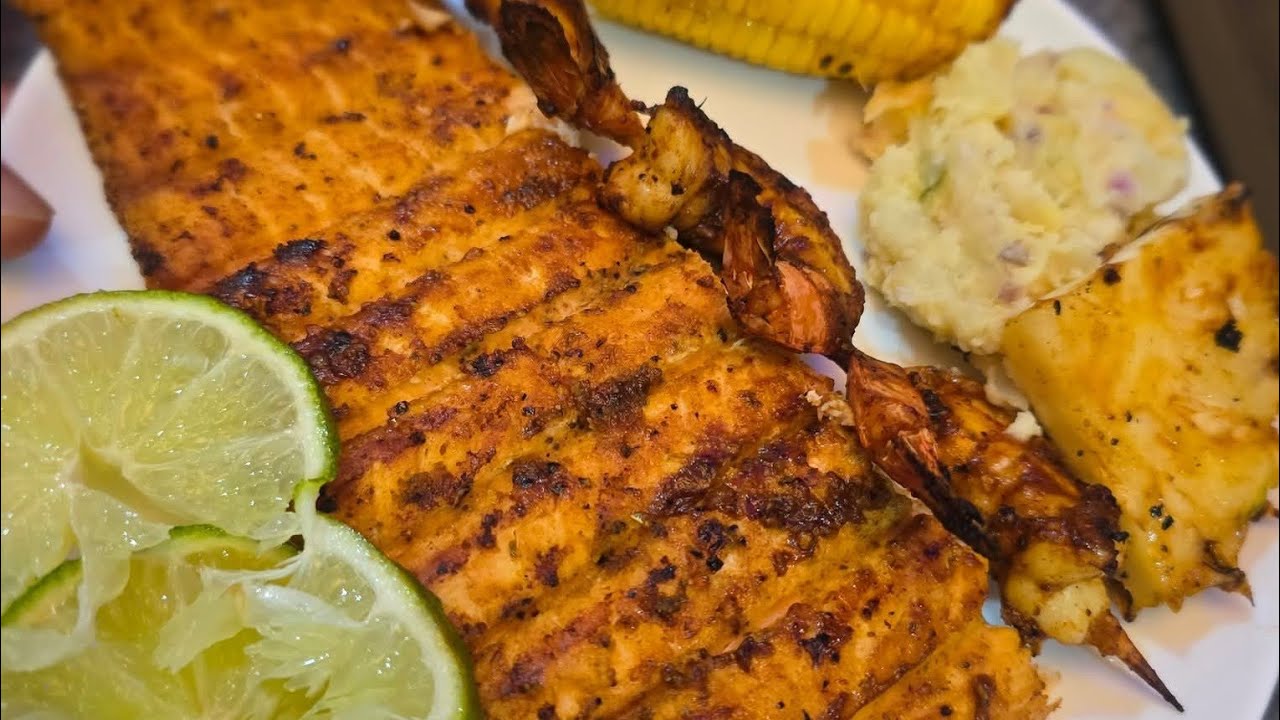 Grill pink salmon corn shrimp and mash potatoes